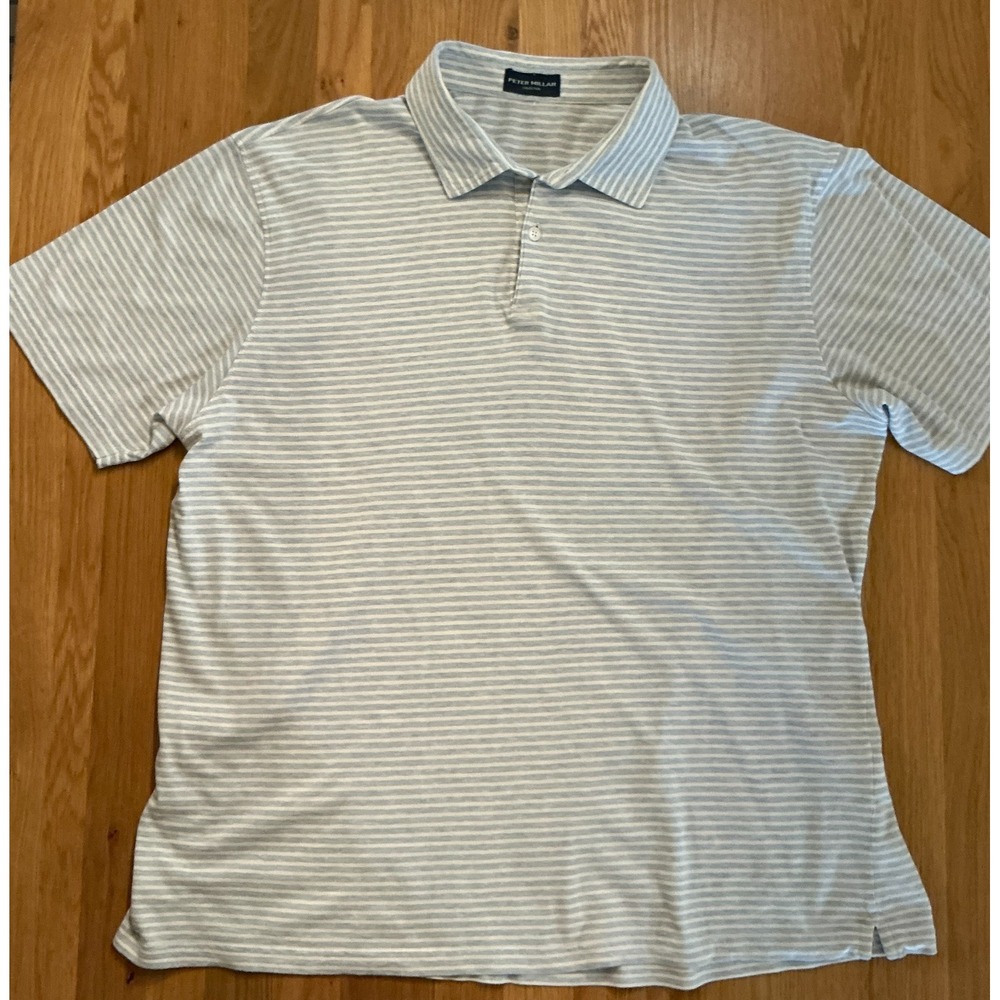 Peter Millar Collection‎ Polo Shirt Men's Large Blue White Stripe Cotton Linen
